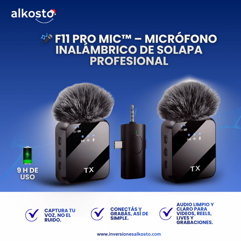 🎤 F11 Pro Mic™ – Micrófono Inalámbrico de Solapa para Creadores y Negocios PROFESIONAL - INVERSIONES ALKOSTO